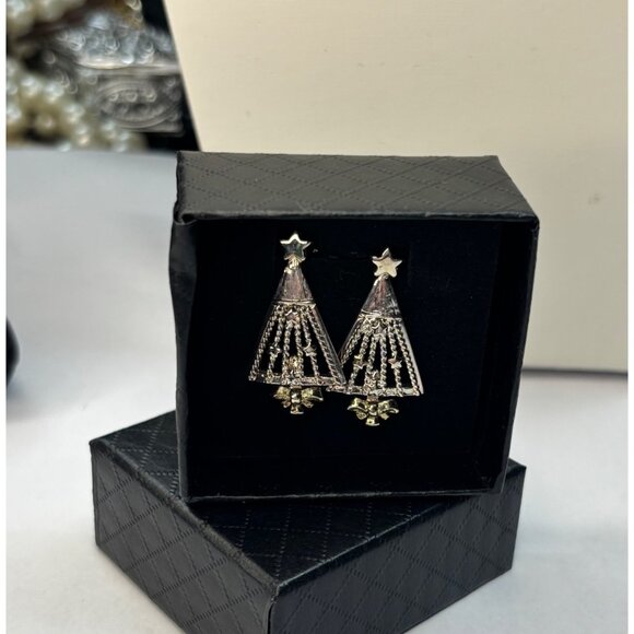 Silver & gold toned Christmas Tree Dangle Earrings With Star & Crystal Accents I - Picture 1 of 6